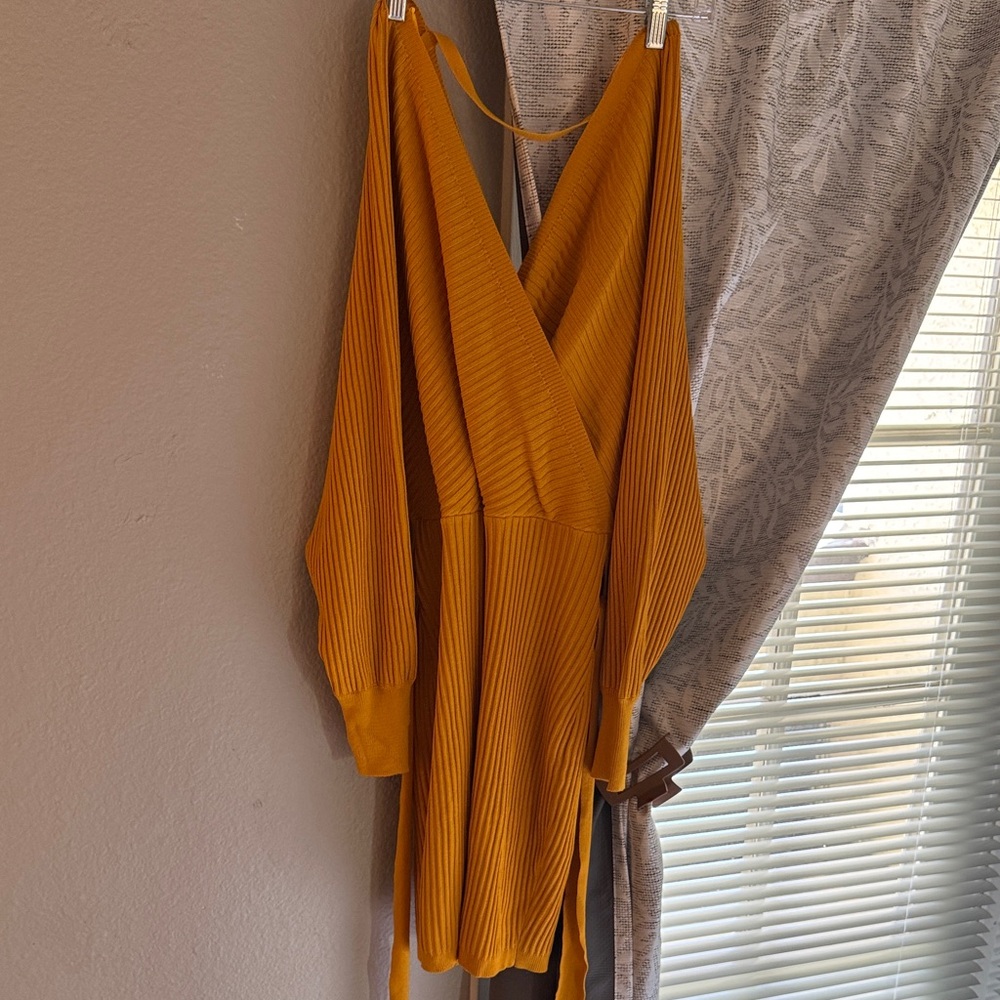 Fashion Nova Mustard Ribbed V-Neck Balloon Sleeve Midi Dress